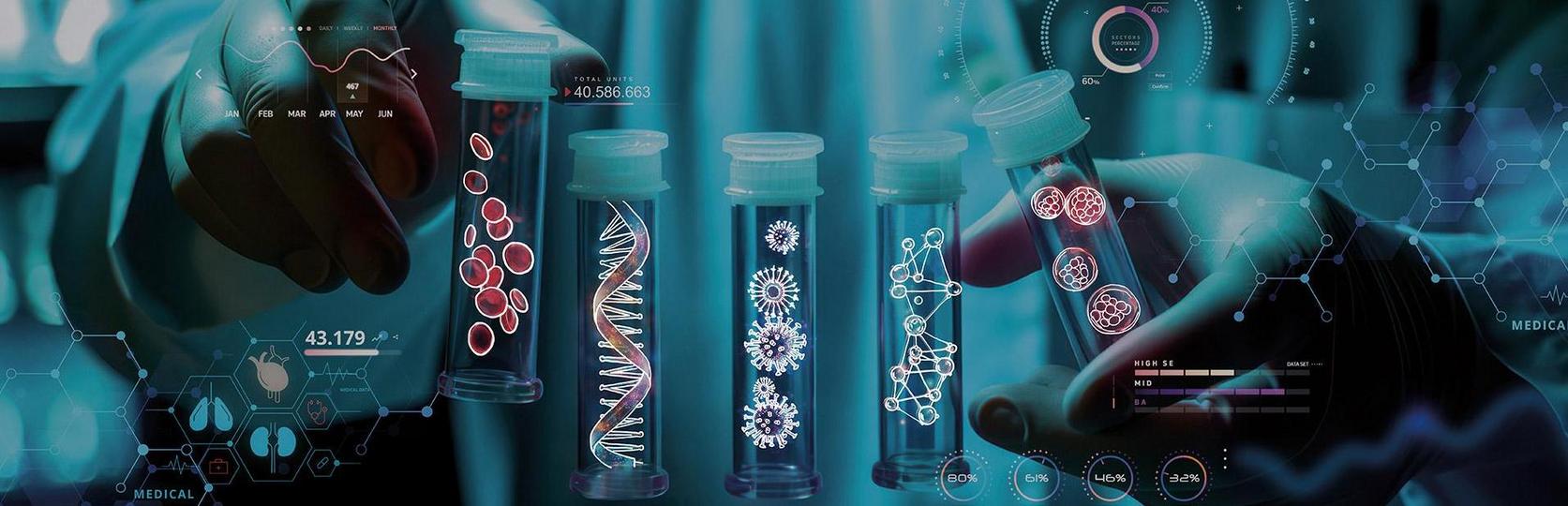 Scientific research with test tubes displaying DNA structures and medical data surrounded by futuristic user interfaces and hands in protective gloves.