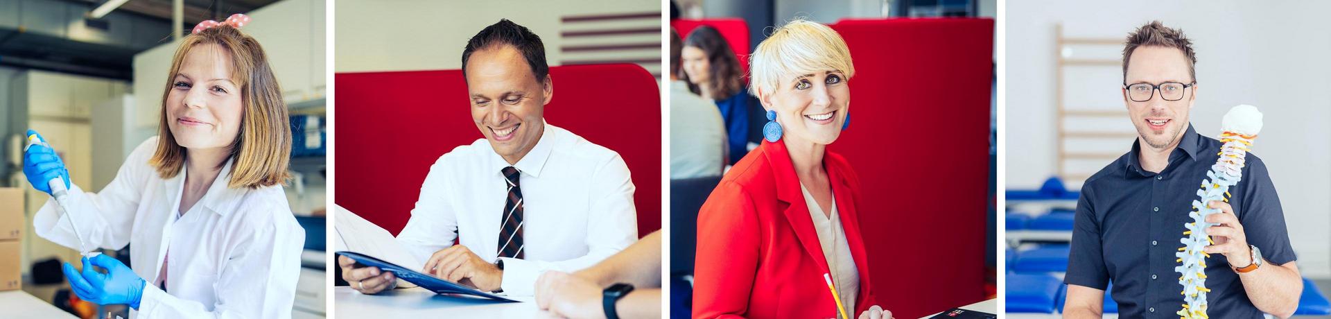 Collage von Fachleuten verschiedener Berufe: Wissenschaftler im Labor, Geschäftsperson mit Unterlagen, Büroangestellter im Anzug, Gesundheitsfachkraft mit Wirbelsäulenmodell und Person am Schreibtisch mit Laptop.