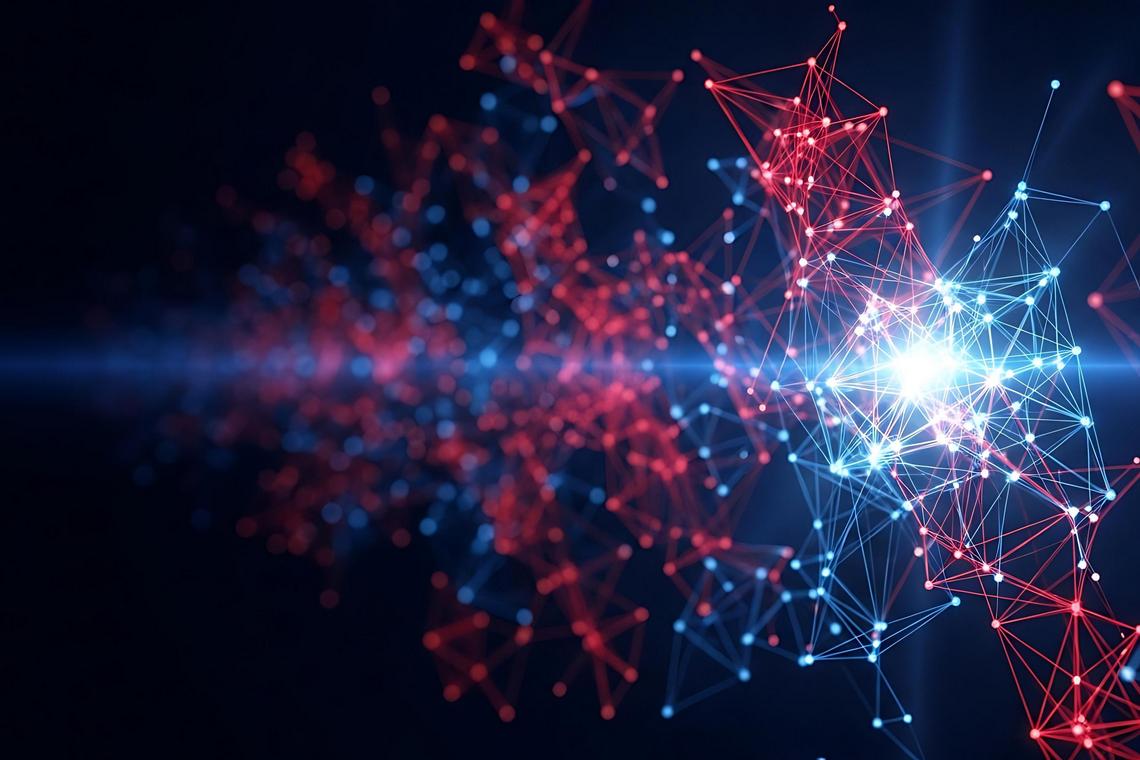Abstract digital network of interconnected nodes with bright central light and dark background.