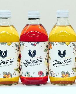 Row of eight two-tone bottled beverages labeled Bionade on a white background.