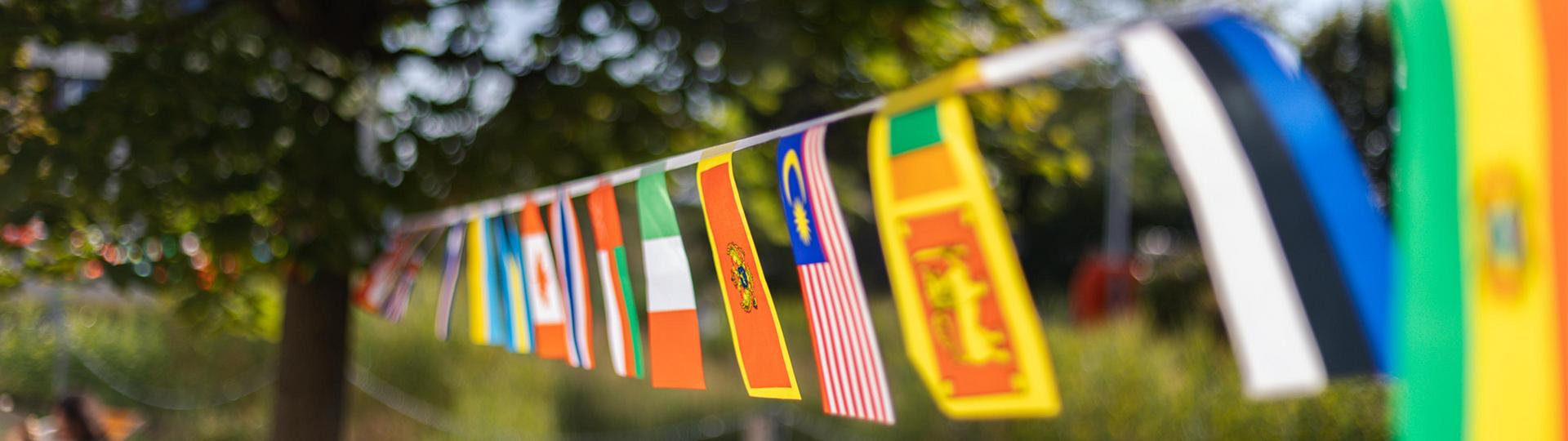 Colorful flags of various countries strung on a line with a blurred background.