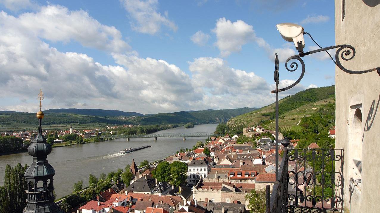 View over the rooftops of the Stein district of Krems and the Danube.