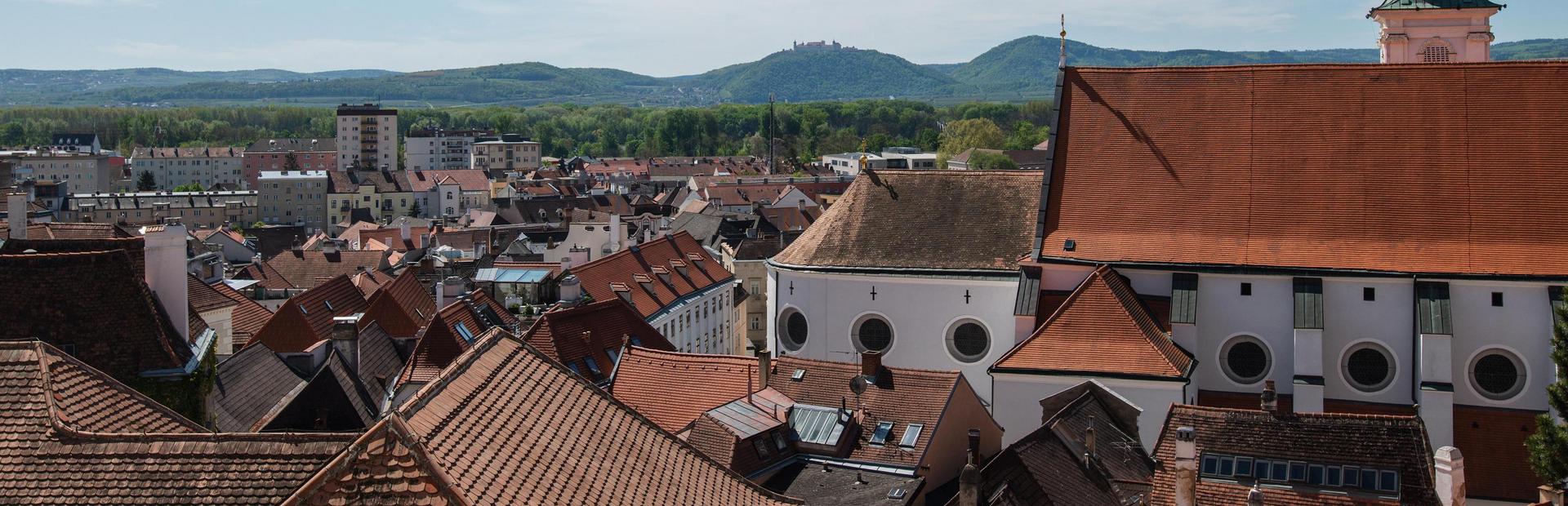 Stadtblick über Krems mit roten Ziegeldächern und Gebäuden vor einem bewaldeten Hügel unter klarem blauem Himmel.