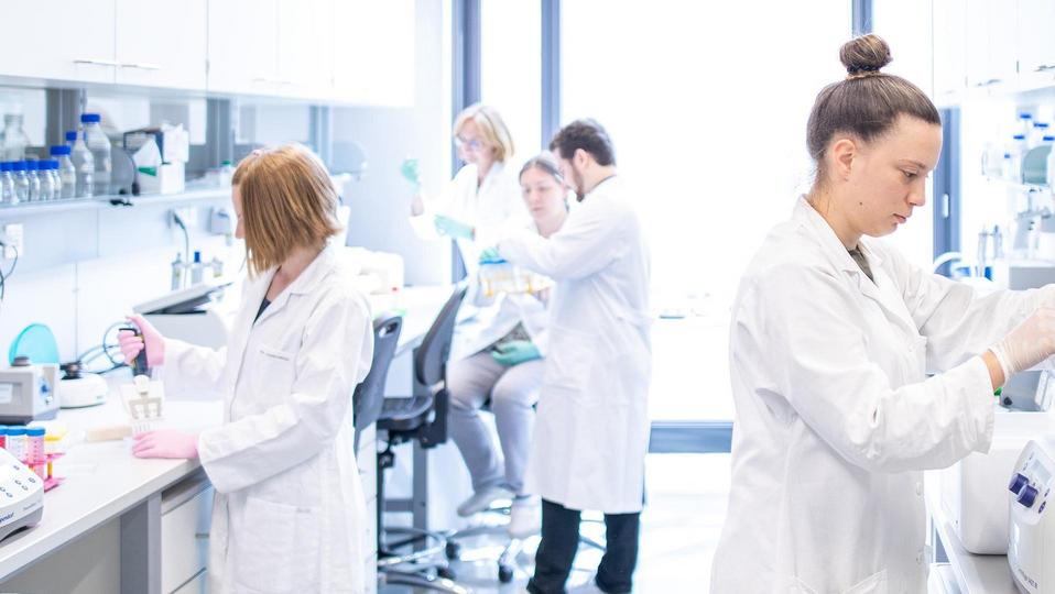 Zwei Laboranten arbeiten konzentriert an wissenschaftlichen Experimenten in einem modernen Labor mit diversen Laborgeräten.