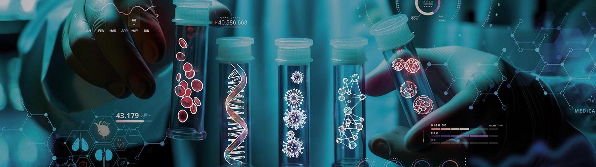 Wissenschaftliche Forschung mit Reagenzgläsern, die DNA-Strukturen und medizinische Daten anzeigen, umgeben von futuristischen Benutzeroberflächen und Händen in Schutzhandschuhen.